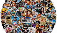 One Piece anime sticker pack featuring Monkey D. Luffy, Zoro, Nami, Chopper, Ace, Shanks, wanted posters, and Straw Hat Pirate designs in waterproof vinyl stickers.