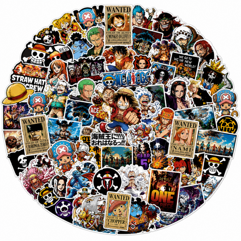 One Piece anime sticker pack featuring Monkey D. Luffy, Zoro, Nami, Chopper, Ace, Shanks, wanted posters, and Straw Hat Pirate designs in waterproof vinyl stickers.