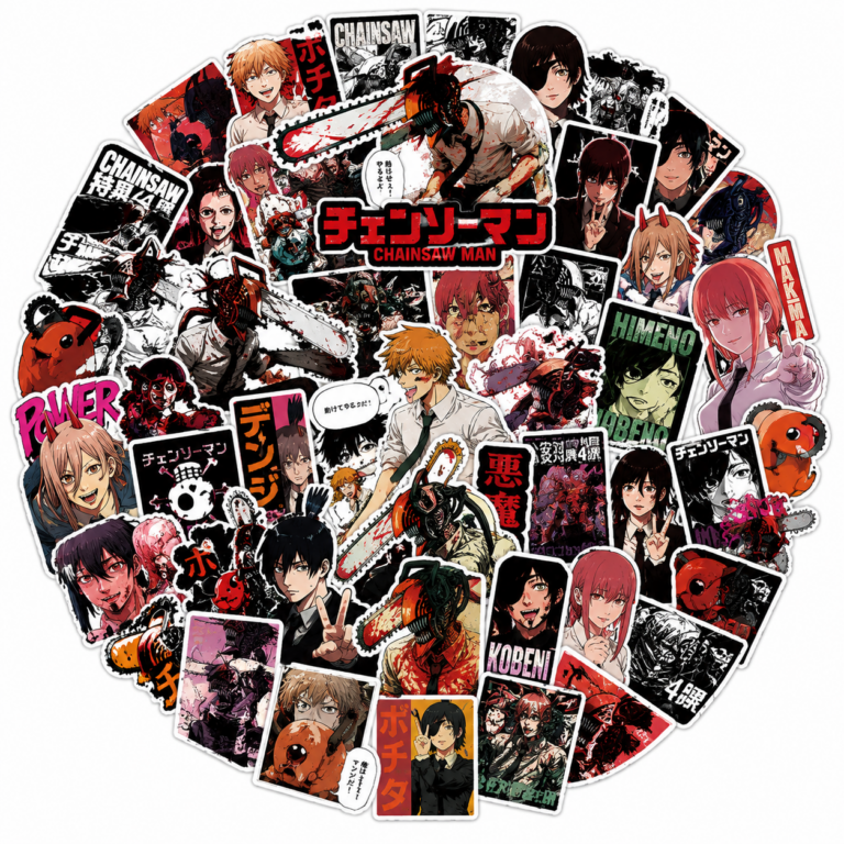 Chainsaw Man anime sticker pack featuring Denji, Power, Makima, Aki, Himeno, Kobeni, and Pochita in a collection of waterproof vinyl stickers.
