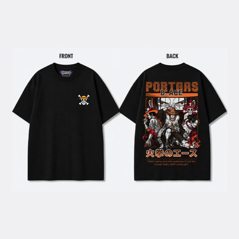 Black oversized One Piece anime t-shirt featuring the Straw Hat Pirates Jolly Roger logo on the front and a large Portgas D. Ace manga-inspired graphic with fiery artwork on the back.