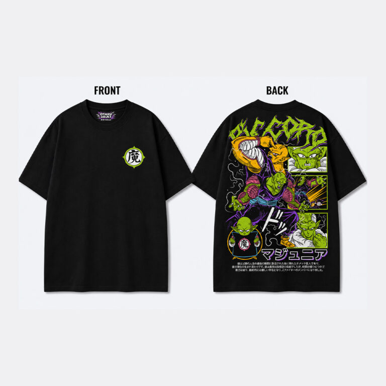 Black oversized Dragon Ball Z t-shirt featuring Piccolo's iconic chest emblem on the front and a large manga-inspired Piccolo artwork on the back with neon green and purple accents.
