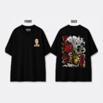 Black oversized One Punch Man anime t-shirt featuring a small Saitama front graphic and a large manga-inspired Saitama punch artwork on the back with Japanese typography.