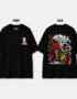 Black oversized One Punch Man anime t-shirt featuring a small Saitama front graphic and a large manga-inspired Saitama punch artwork on the back with Japanese typography.