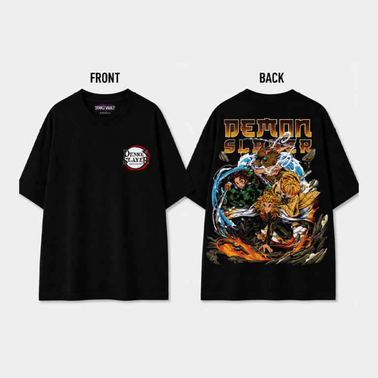 Black oversized Demon Slayer anime t-shirt featuring the Demon Slayer logo on the front and a large action-packed back graphic with Tanjiro Kamado, Zenitsu Agatsuma, and Kyojuro Rengoku.