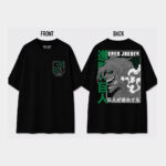 Black oversized Attack on Titan anime t-shirt featuring a green-accented Survey Corps-inspired emblem on the front and a large Eren Jaeger Titan graphic with Japanese typography on the back.