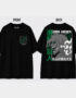 Black oversized Attack on Titan anime t-shirt featuring a green-accented Survey Corps-inspired emblem on the front and a large Eren Jaeger Titan graphic with Japanese typography on the back.