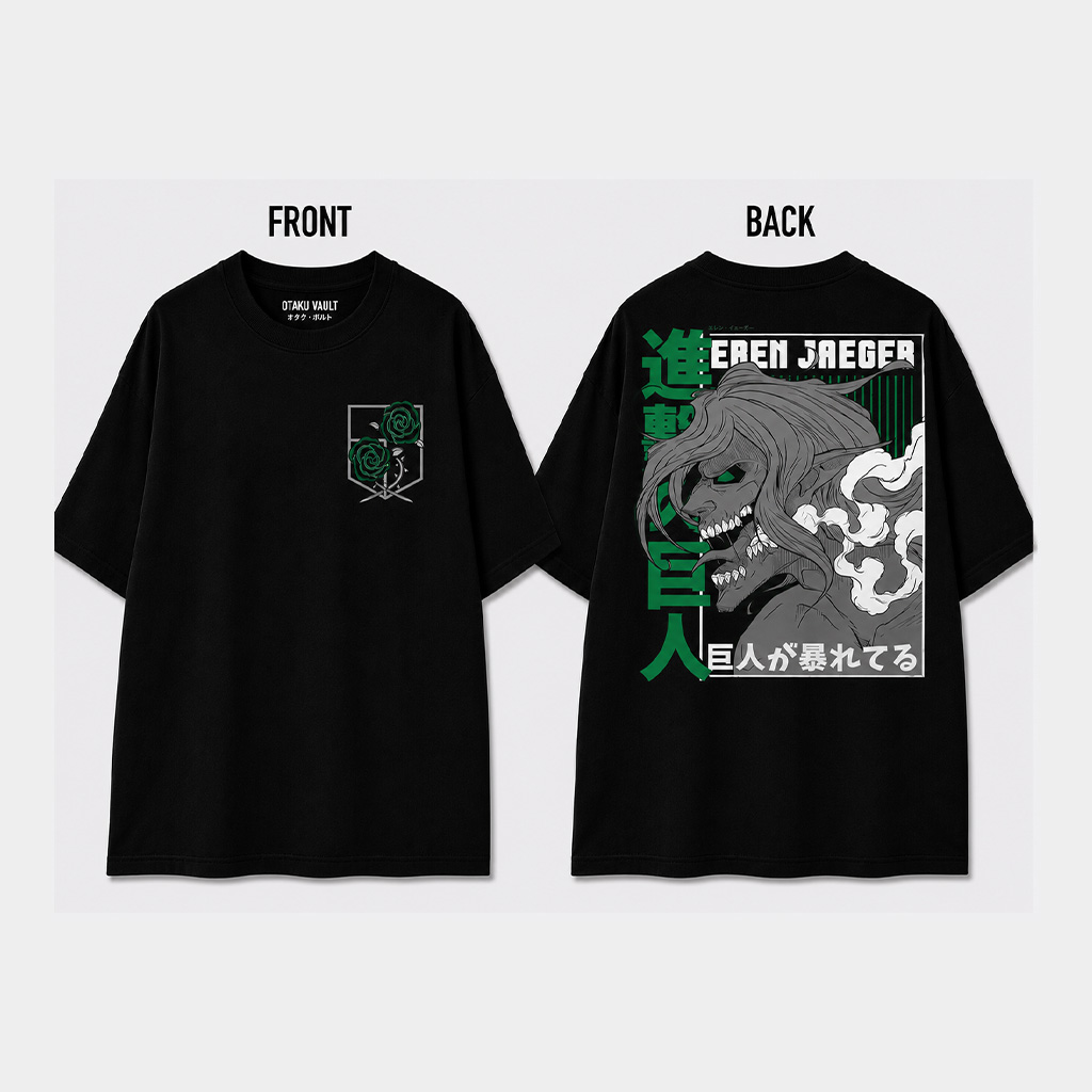 eren-titan Black oversized Attack on Titan anime t-shirt featuring a green-accented Survey Corps-inspired emblem on the front and a large Eren Jaeger Titan graphic with Japanese typography on the back.