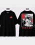Black Naruto Shippuden oversized anime t-shirt featuring the Akatsuki cloud logo on the front and a large Pain graphic with red accents and Japanese typography on the back.