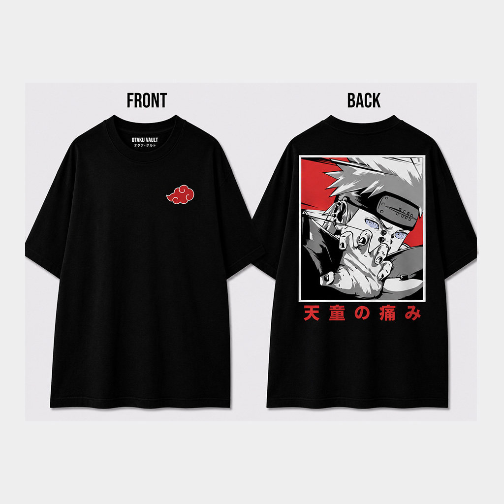 pain-tee Black Naruto Shippuden oversized anime t-shirt featuring the Akatsuki cloud logo on the front and a large Pain graphic with red accents and Japanese typography on the back.
