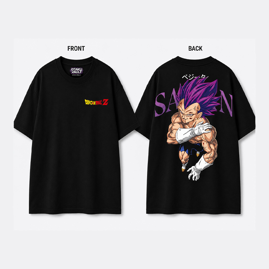saitama-tee Black oversized Dragon Ball Z t-shirt featuring a small Dragon Ball Z logo on the front chest and a large Vegeta graphic on the back with vibrant purple accents and Saiyan-inspired artwork.