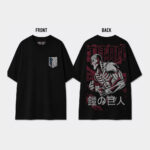 Black oversized Attack on Titan anime t-shirt featuring the Scout Regiment emblem on the front and a large Armoured Titan manga-inspired graphic with red and grey accents on the back.