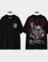 Black oversized Attack on Titan anime t-shirt featuring the Scout Regiment emblem on the front and a large Armoured Titan manga-inspired graphic with red and grey accents on the back.