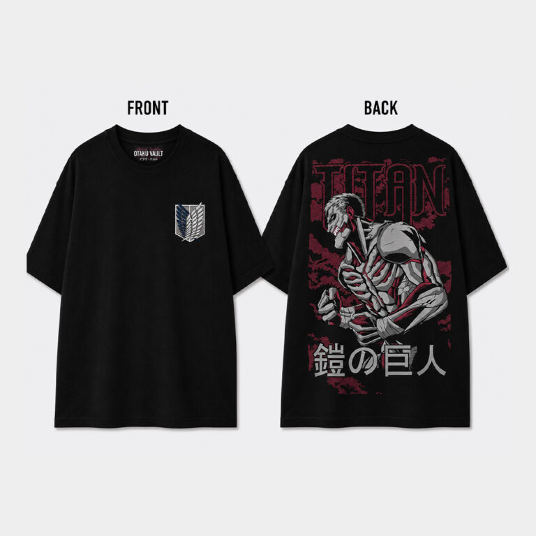 Black oversized Attack on Titan anime t-shirt featuring the Scout Regiment emblem on the front and a large Armoured Titan manga-inspired graphic with red and grey accents on the back.