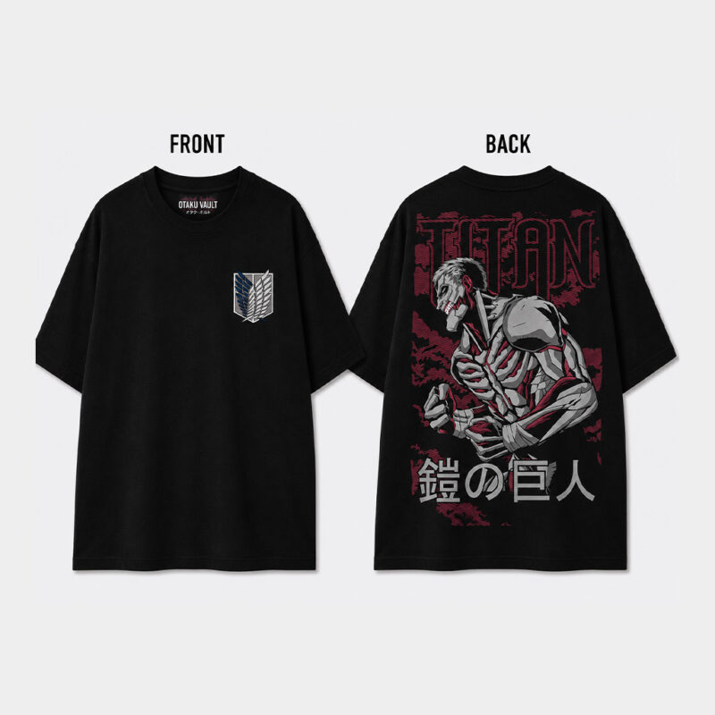 Black oversized Attack on Titan anime t-shirt featuring the Scout Regiment emblem on the front and a large Armoured Titan manga-inspired graphic with red and grey accents on the back.
