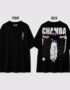 Black oversized Jujutsu Kaisen anime t-shirt featuring a minimalist chest emblem on the front and a large Toji Fushiguro graphic with bold typography and cursed spirit artwork on the back.