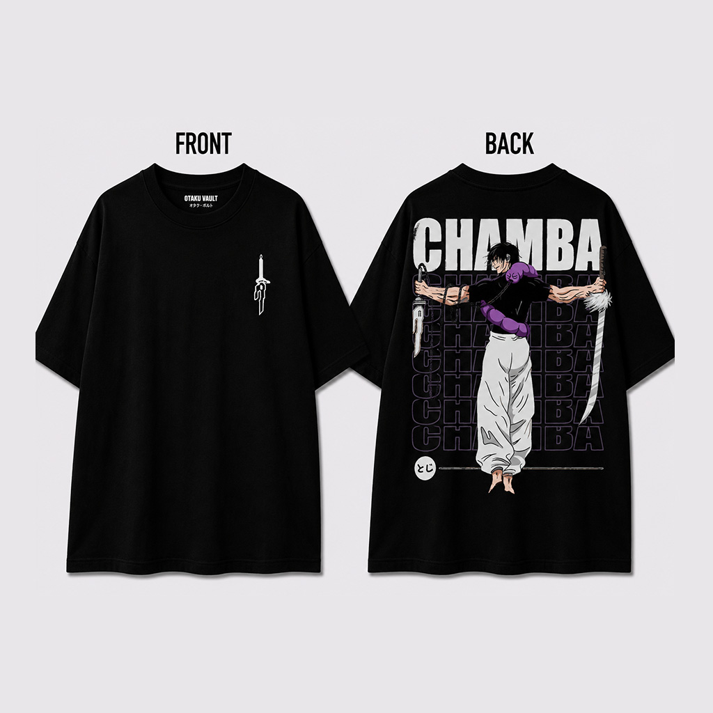 toji tee Black oversized Jujutsu Kaisen anime t-shirt featuring a minimalist chest emblem on the front and a large Toji Fushiguro graphic with bold typography and cursed spirit artwork on the back.