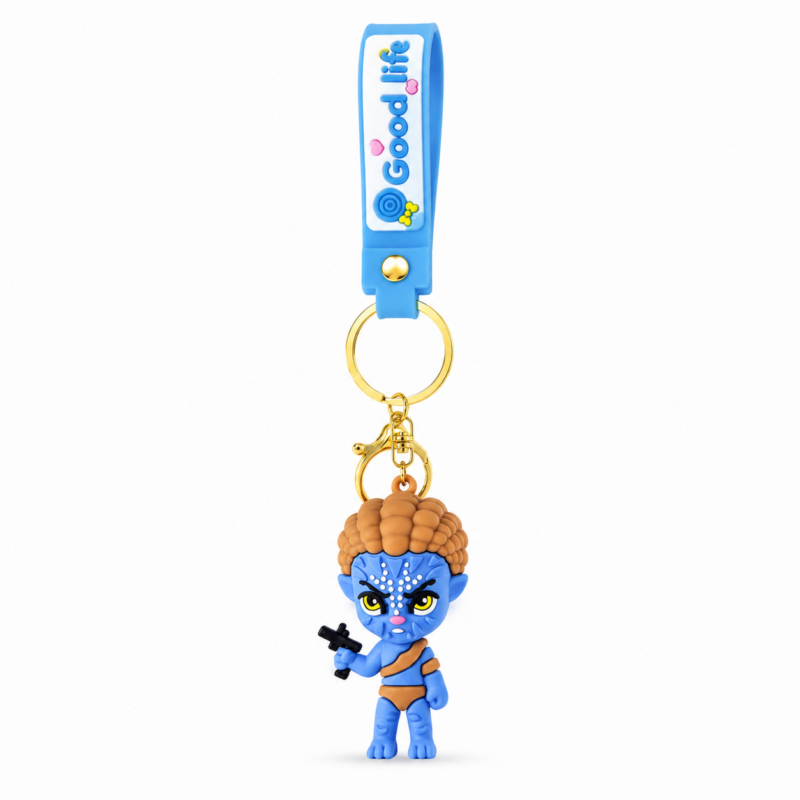 Avatar-inspired blue hunter PVC keychain featuring a blue warrior character holding a weapon, gold-tone keyring, lobster clasp, and blue silicone wrist strap with "Good Life" text on a white background.