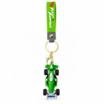 Green Formula racing car PVC keychain with a detailed Formula-style race car, gold-tone keyring, lobster clasp, and green silicone wrist strap featuring "Fast & Furious" text on a white background.