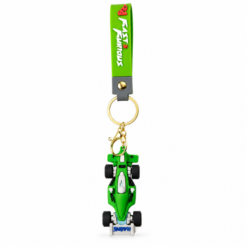 Green Formula racing car PVC keychain with a detailed Formula-style race car, gold-tone keyring, lobster clasp, and green silicone wrist strap featuring "Fast & Furious" text on a white background.