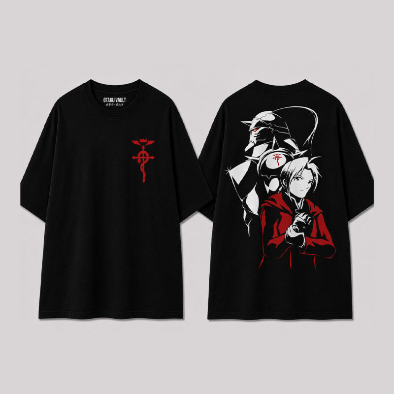 Black Fullmetal Alchemist Brotherhood t-shirt featuring the Flamel Symbol on the front and Edward Elric with Alphonse Elric artwork on the back in black, white, and red accents.