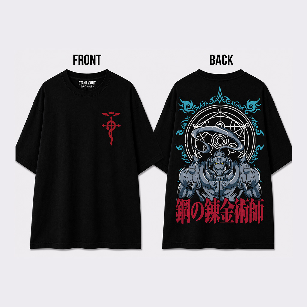 brotherhood2 Black Fullmetal Alchemist Brotherhood t-shirt featuring the Flamel Symbol on the front and a large Alphonse Elric illustration with a transmutation circle and Japanese typography on the back.