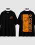 Black Naruto t-shirt featuring the Hidden Leaf Village symbol on the front and a large orange monochrome Naruto Uzumaki graphic with Japanese-inspired typography on the back.
