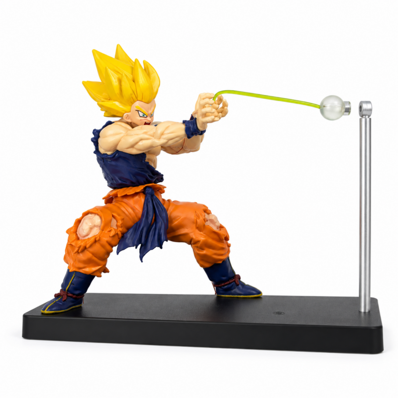 Dragon Ball Super Saiyan Goku PVC figure in a Kamehameha charging pose with battle-damaged clothing, green energy effect support, and black display base on a white background.