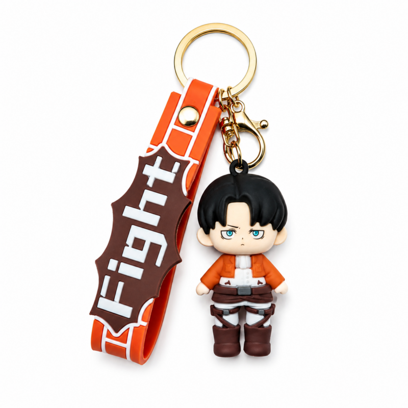 Attack on Titan Levi Ackerman chibi PVC keychain with a Scout Regiment silicone wrist strap, gold-tone keyring, lobster clasp, and detailed Survey Corps uniform on a white background.