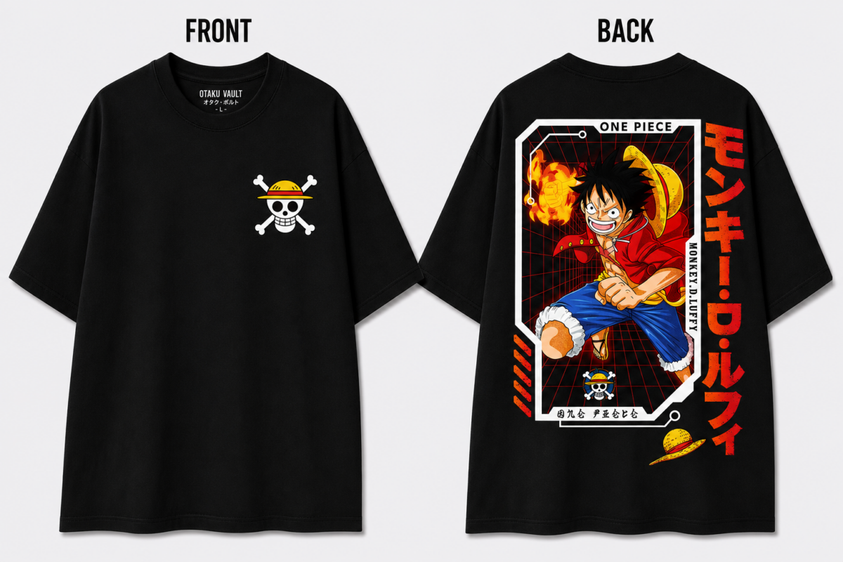 Black One Piece T-shirt featuring the Straw Hat Pirates Jolly Roger logo on the front and a large Monkey D. Luffy graphic with Japanese lettering on the back, displayed from both front and back views.