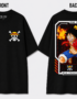 Black One Piece T-shirt featuring the Straw Hat Pirates Jolly Roger logo on the front and a large Monkey D. Luffy graphic with Japanese lettering on the back, displayed from both front and back views.