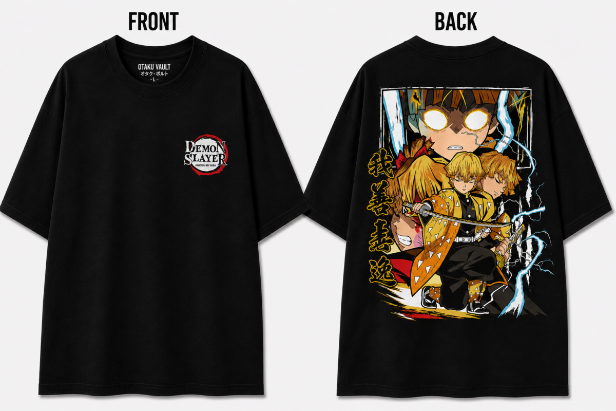 Black Demon Slayer T-shirt featuring the Demon Slayer Corps emblem on the front and a large Zenitsu Agatsuma Thunder Breathing graphic with lightning effects on the back, displayed from both front and back views.
