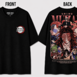 Black oversized Demon Slayer T-shirt featuring the Demon Slayer logo on the front and a large back graphic of Muzan Kibutsuji surrounded by the Upper Rank Demons, displayed from front and back views.