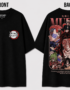 Black oversized Demon Slayer T-shirt featuring the Demon Slayer logo on the front and a large back graphic of Muzan Kibutsuji surrounded by the Upper Rank Demons, displayed from front and back views.