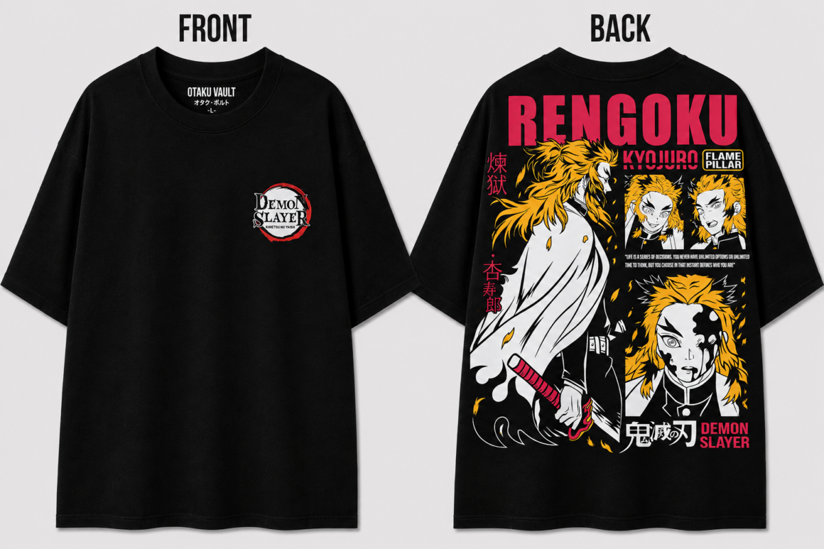 Black Demon Slayer T-shirt featuring the Demon Slayer Corps emblem on the front and a large Kyojuro Rengoku Flame Hashira graphic with Japanese text on the back, shown from both front and back views.