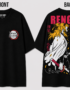 Black Demon Slayer T-shirt featuring the Demon Slayer Corps emblem on the front and a large Kyojuro Rengoku Flame Hashira graphic with Japanese text on the back, shown from both front and back views.