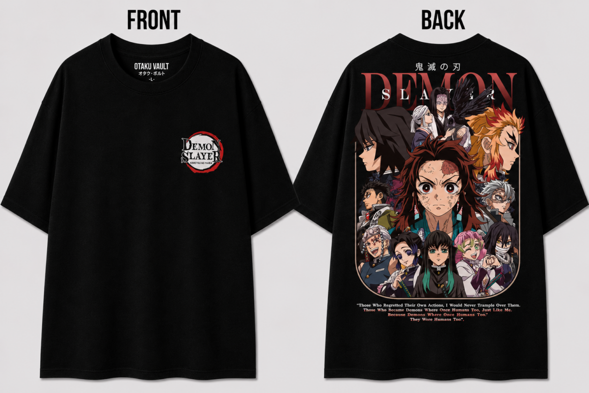 Black Demon Slayer T-shirt featuring the Demon Slayer Corps emblem on the front and a large back graphic of Tanjiro Kamado surrounded by the Hashira, displayed from both front and back views.