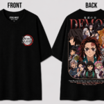 Black Demon Slayer T-shirt featuring the Demon Slayer Corps emblem on the front and a large back graphic of Tanjiro Kamado surrounded by the Hashira, displayed from both front and back views.