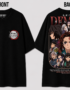 Black Demon Slayer T-shirt featuring the Demon Slayer Corps emblem on the front and a large back graphic of Tanjiro Kamado surrounded by the Hashira, displayed from both front and back views.